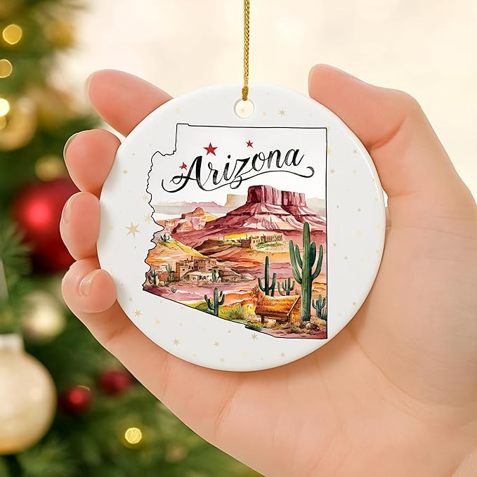 USA State Landmark Ceramic Ornament – Round Glossy Christmas Decoration Featuring U.S. State Art, Landmarks & Holiday Scenery – Collectible Travel Souvenir Ornament Series (Arizona)