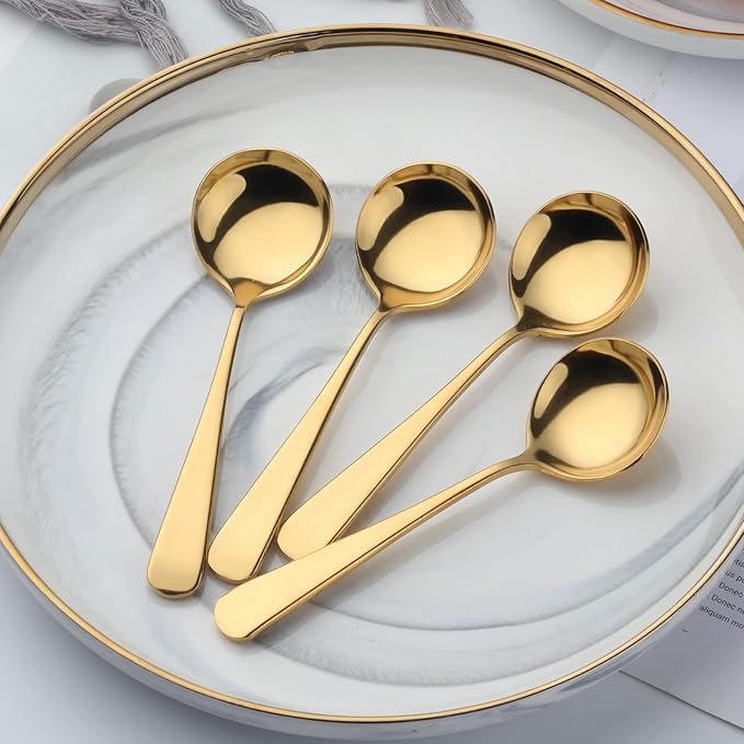Buyer Star 8 Pieces Stainless Steel Round Soup Spoon, 6.3 Inch Mirror Polished Spoon Cutlery, Dishwasher Safe (Gold)