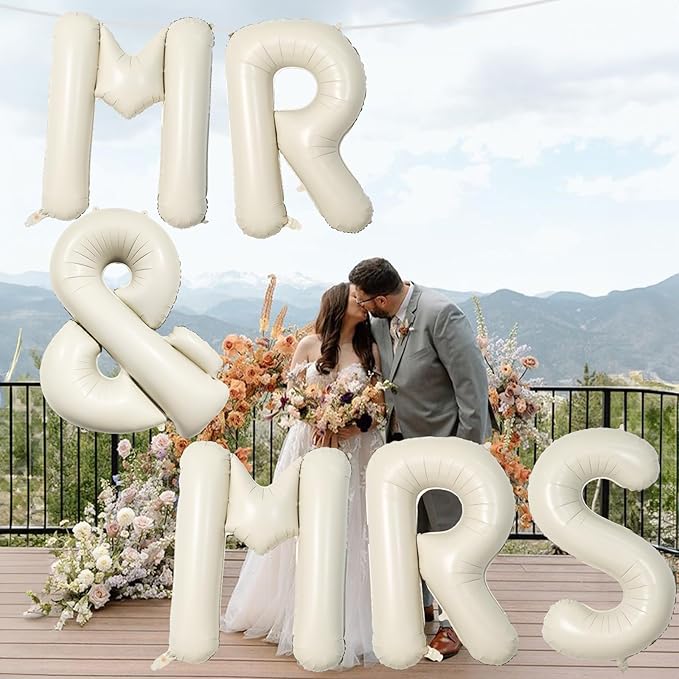 40 Inch Beige MR & MRS Balloons for Wedding Decor, Large Cream Mr and Mrs Foil Balloon Letter, Ivory White Sand Mr to Mrs Banner Sign for Bride Groom Engagement Couple Sweetheart Party Decorations