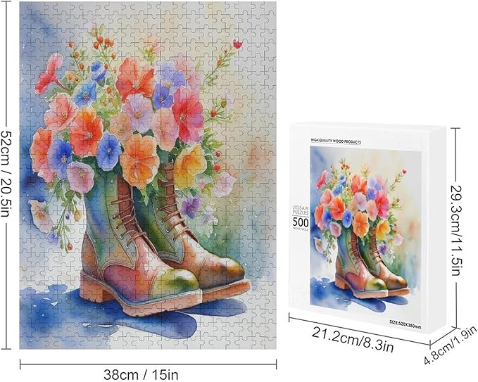 Boot Flowers Wooden Puzzle 500 Pieces Jigsaw Puzzles for Adults Puzzle Educational Toys Challenging Fun Games Gifts for Elders Kids Family and Friends