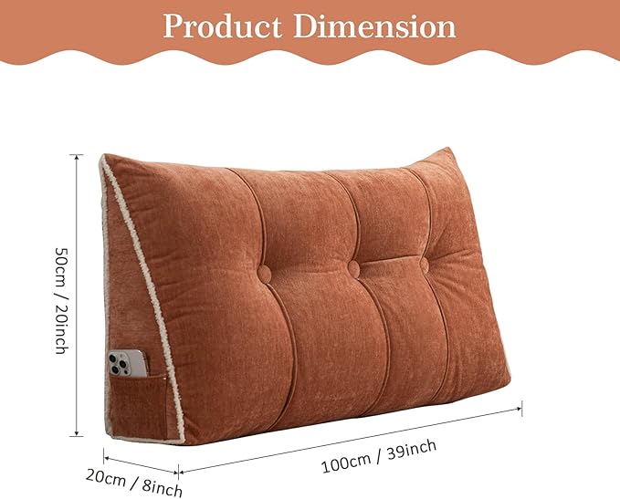 Headboard Pillow Twin, Chenille Triangular Wedge Pillow Headboard Twin Size, Reading Setting Backrest Daybed Pillows for Bed Sofa with Removable Coverr, Orange