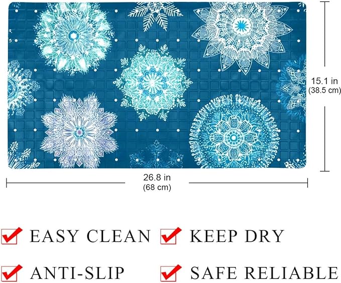 Seamless Christmas Blue Snowflakes Bath Tub and Shower Mats, Non Slip Bathmat with Drain Holes and Suction Cups for Bathroom Floor, 15.1 x 26.8 Inch
