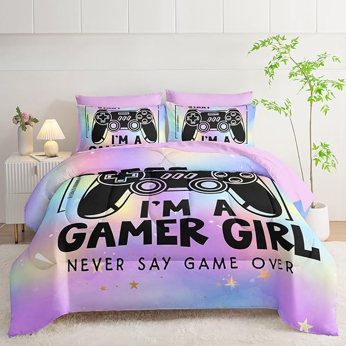 7Pcs Comforter Set Black Game Console Multi Color Printed Bedding Set with 1 Comforter,1 Flat Sheet,1 Fitted Sheet and 4 Pillowcases for Boys and Girls Bedroom All Season(Queen)