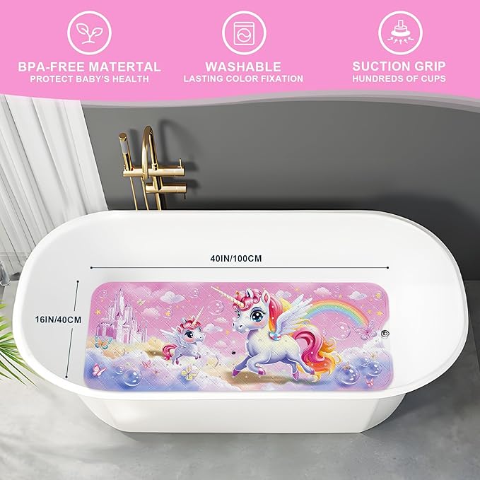 XIYUNTE Baby Bath Mat for Tub Non Slip Kids Bath Mat - 40''x16'' Extra Long Cartoon Bathtub Mat Non Slip Kids Shower Mat Eco-Friendly Toddler Bath Mats with Suction Cups, Machine Washable, Unicorn