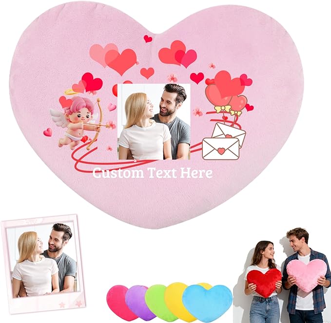 Custom Heart Pillow with Insert, Personalized Heart Shaped Pillow with Photo Text as Valentine Pillows for Girlfriend Boyfriend Home Decor Personalized Gifts for Valentines Day Anniversary