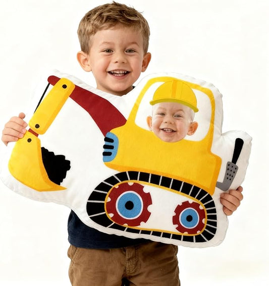 Custom Funny Construction Excavator Pillow with Kids Face Personalized Excavator Pillow for Boys Customized Soft Plush Pillow for Room Decor Play Perfect Birthday for Little Builders