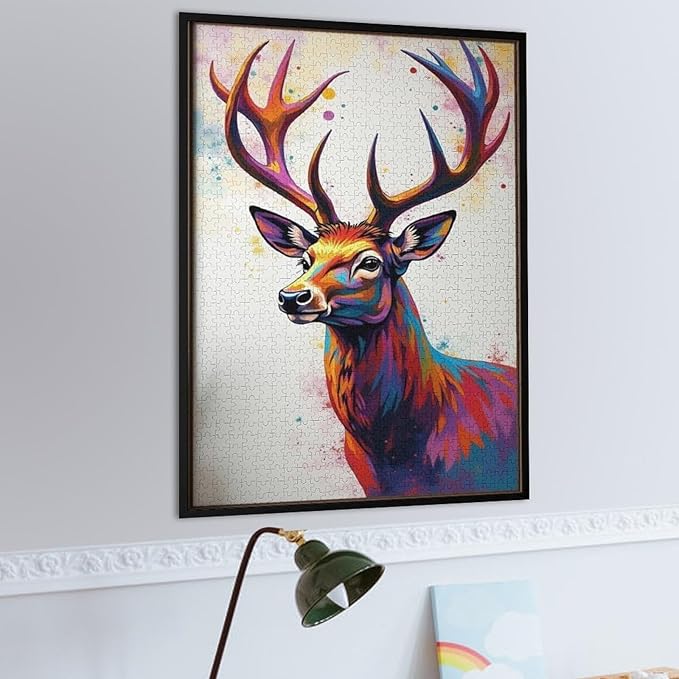 Wooden Puzzles 1000 Piece，Color Abstract Deer Painting Themed Jigsaw Puzzles，Challenge Puzzles，Educational Games，Family Puzzles，Unique Gifts for Wall Art，Funny Puzzles，Stress Relief Games