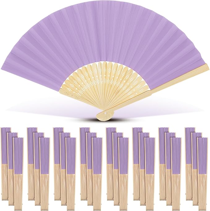 Yinkin 24 Pack Folding Fans Bamboo Handheld Folded Craft Hand Japanese Chinese Fans for Weddings Bridal Dancing Church DIY Decoration Women Gift Party Favors (Light Purple)