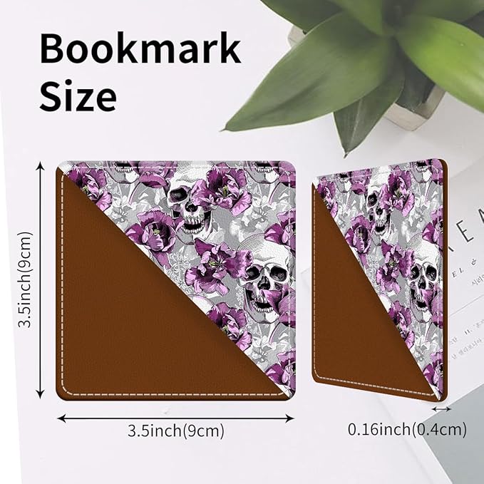 Cute Leather Bookmarks, Fun Triangle Making Corner Bookmark, Book Accessories for Reading Book Lovers, Unbreakable Page Markers for Women Men Cool Skull Flowers