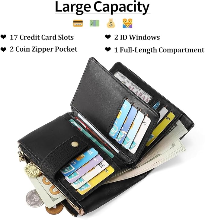 Practical Genuine Leather Wristlet Wallet for Women with Double Zipper Coin Purse and Card Organization (Black)