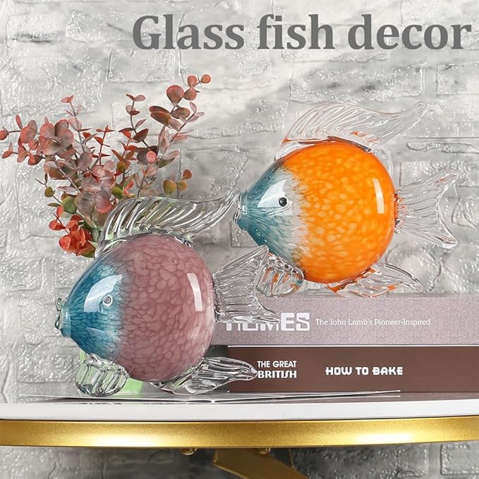 QIANLING Glass Fish Figurines - Coastal Home Decor, Modern Ocean Centerpieces for Living Room, Dining Area, Bathroom, Office, Coffee Table, Beach House, Nautical, Seaside, Entrance, Shelf Display