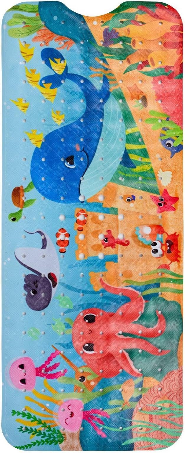 Reetual Cartoon Baby Bath Mat – Non Slip Kids Bathtub Mat for Toddlers, 40" x 16", Suction Cups & Drain Holes, Machine Washable (Whale)