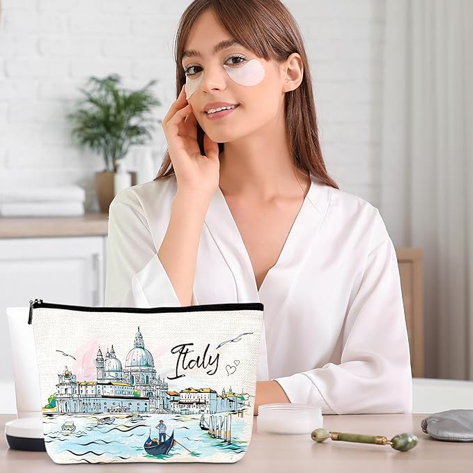 Italy Travel Essentials Gifts - 4Pcs Italy Themed Makeup Bag, Italy City Travel Watercolor Cosmetic Bags with Zipper, Italy Vacation Trip Gifts for Italy Lovers Travellers Women Girls