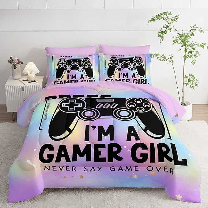 7Pcs Comforter Set Black Game Console Multi Color Printed Bedding Set with 1 Comforter,1 Flat Sheet,1 Fitted Sheet and 4 Pillowcases for Boys and Girls Bedroom All Season(Full)