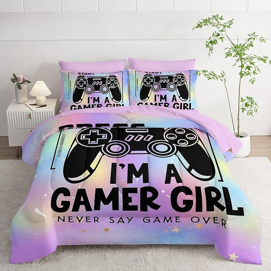 7Pcs Comforter Set Black Game Console Multi Color Printed Bedding Set with 1 Comforter,1 Flat Sheet,1 Fitted Sheet and 4 Pillowcases for Boys and Girls Bedroom All Season(Twin)