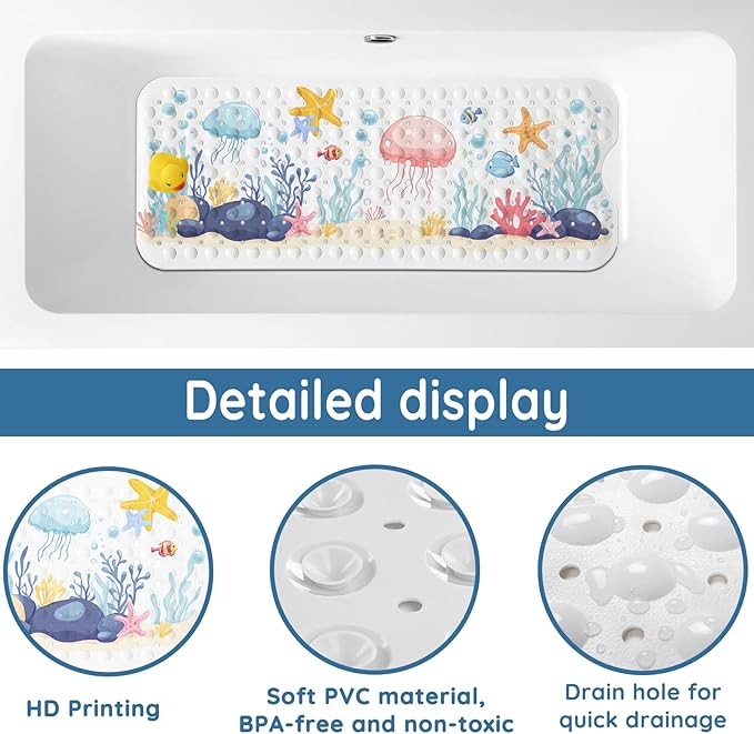 LNOND Bath Mat for Tub for Kids, Sea World Bathtub mat Non Slip, Jellyfish Starfish Coral Bath Mats for Bathroom Non Slip with Drain Holes and Suction Cups,Machine Washable (40 X 16 Inch)