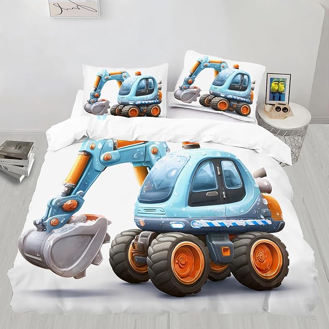 Cartoon Excavator Bedding Set Queen Size Blue Construction Vehicle Duvet Cover Trucks Tractors Comforter Cover Cute Children's Bed Set with Zipper Ties for Bedroom