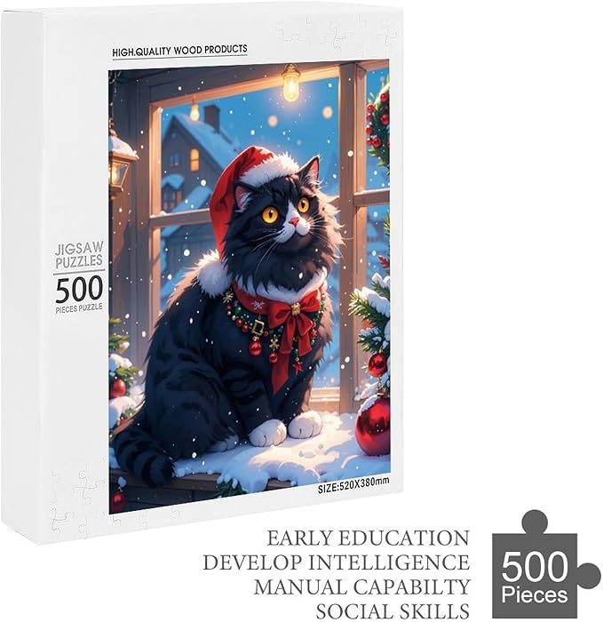 Jigsaw Puzzles for Adults 500 Piece - Christmas Black Cat Wooden Puzzles, Challenge Puzzles Puzzle Games, Stress Relief Games, Funny Puzzles