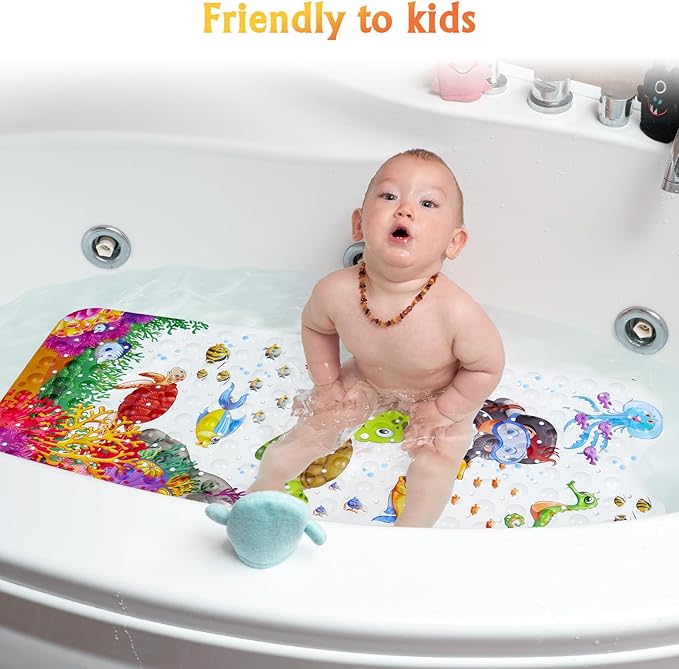 Bath Mat for Tub Non Slip, Machine Washable Anti Slip Cartoon Baby Bathtub Shower Mat with Drain Holes and Suction Cups for Toddler & Kids, 40 Inch x 16 Inch-Rectangular, Turtle
