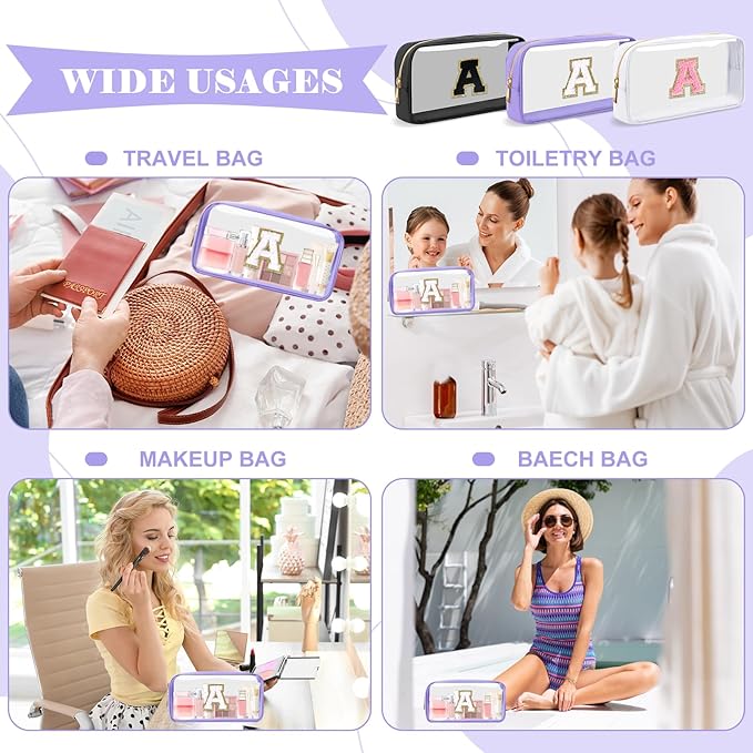 Personalized Initial Letter Clear Makeup Bag,Preppy Small Nylon&PVC Cosmetic Zipper Bag with Chenille Letter,Travel Skincare Toiletry Bag,Monogram Christmas Gift for Teen Girls Women,A