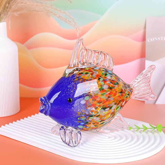 Colorful Blown Glass Fish Figurine – Blue Art Animal Sculpture for Ocean Coastal Home Decor, Handcrafted Glass Fish Ornament for Tabletop, Shelf, or Aquarium Theme Display (G)