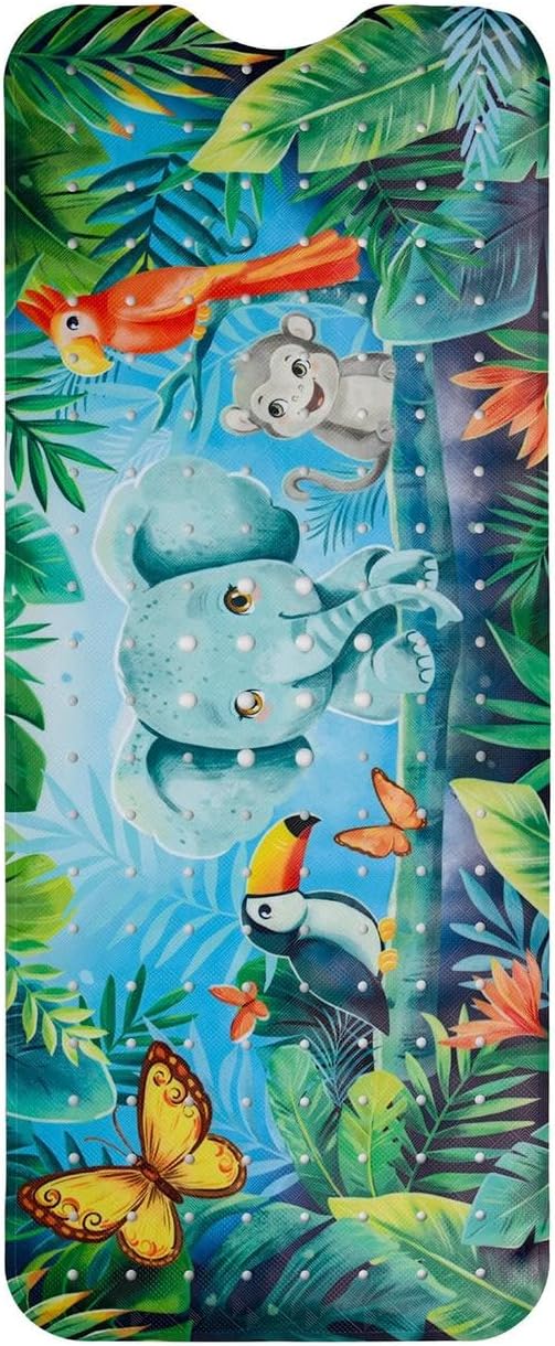 Reetual Cartoon Baby Bath Mat – Non Slip Kids Bathtub Mat for Toddlers, 40" x 16", Suction Cups & Drain Holes, Machine Washable (Jungle)