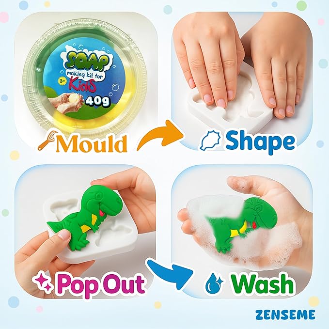 ZenseMe Soap Making Kit for Kids – DIY Soap Making Kit with Dinosaur Soap Moulds (3 Cute Dinosaurs) | Soap Making Supplies for Creative Play & Hygiene - DIY Kits for Kids with Mobile App