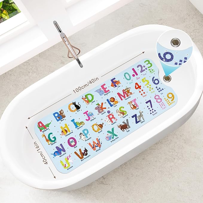 SHUCHING Baby Bath Mat for Tub Non Slip-40 X 16 Inch, Extra Long Kids Bathtub Mat Mold Free, Cartoon Bathtub Shower Mat Anti Slip for Bathroom, Machine Washable, Alphabet
