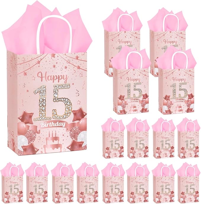 50Pcs 15th Birthday Party Favors Gift Bags Bulk, Black and Gold Happy 15th Gift Candy Wrap Bags with Tissue Paper, Vintage 15th Birthday Decorations Souvenir Bag for Men Women Anniversary Supplies (15th)