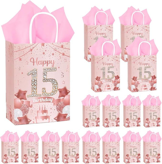 50Pcs 15th Birthday Party Favors Gift Bags Bulk, Black and Gold Happy 15th Gift Candy Wrap Bags with Tissue Paper, Vintage 15th Birthday Decorations Souvenir Bag for Men Women Anniversary Supplies (15th)