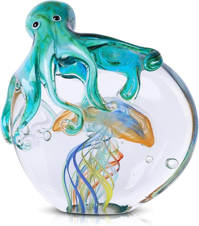 LCCCK Glass Octopus Jellyfish Statue Home Decor, Hand Blown Glass Decor Ocean Figurines Octopus Sculpture, Murano Art Office Desk Paperweights Fish Tank Aquarium Sea Animals Christmas Birthday Gift
