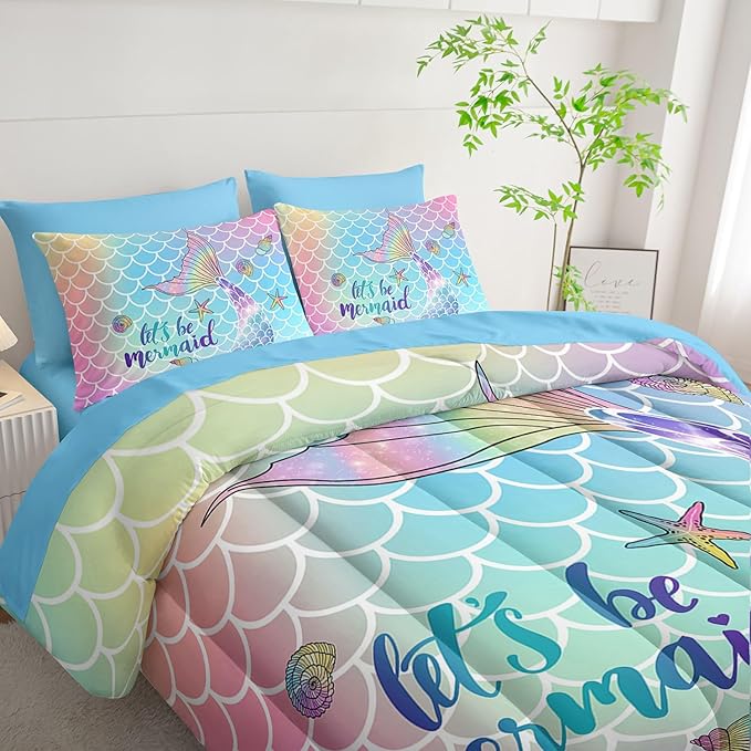 7Pcs Mermaid Tail Comforter Set Rainbow Scales Printed Bedding Set with 1 Comforter, 1 Flat Sheet, 1 Fitted Sheet and 4 Pillowcases for Girls Bedroom All Season(Queen)