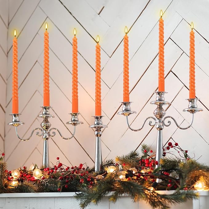 12 Pack 10 Inch Spiral Taper Candle Set, Unscented Dripless Candlesticks for Dinner,Party Brithday Wedding,Halloween and Home Decoration（Orange ）