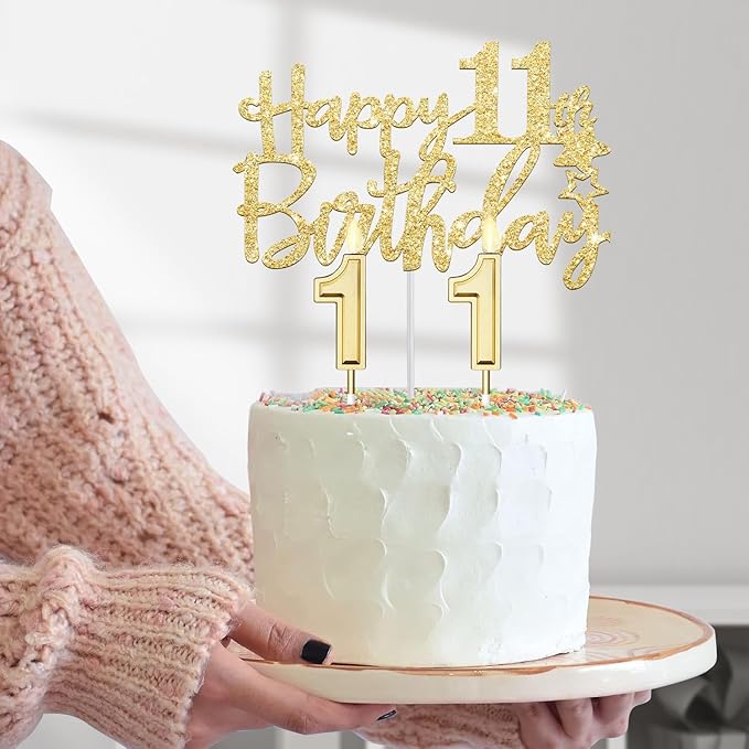 11th Birthday Decorations for Girls Gold with 11th Birthday Sash and Tiara, Candles and Cake Topper, Number Balloons, 11 Year Old Gifts for Girls