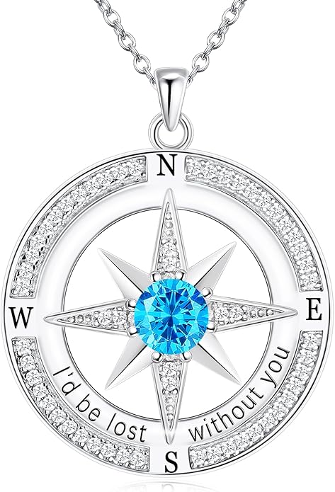 S925 Necklace Birthstone Compass Gift for Women Jewelry Sterling Silver Necklace for Wife Wedding Anniversary Girlfriend Birthday Gifts for Her Valentines Day Mom Mothers Day