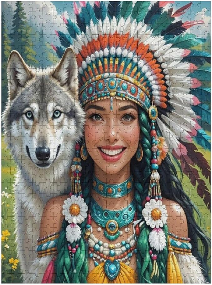 Wooden Puzzle - Indian Beauty & Wolf，Native American Jigsaw Puzzles，Wooden Puzzles for Adults 500 Pieces Unique Gifts for Wall Art，Challenge Puzzles，Educational Games，Family Puzzles