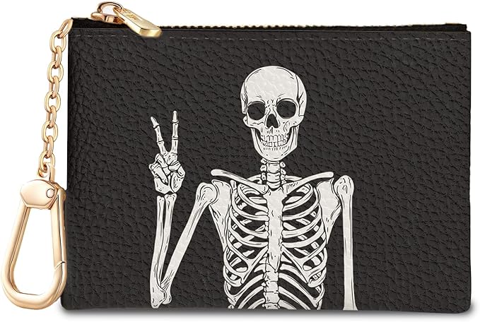 Funny Skull Skeleton Keychain Coin Purse for Women, Small PU Leather Change Pouch, Zipper Little Tiny Travel Wallet for Girls, Cute Kawaii Zip Pocket Coin Holder with Key Ring