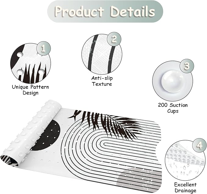 Bathtub Mat Non Slip, Bohemia Extra Long Bath tub Mat Shower Floor Mat with Suction Cups and Drain Holes for Adults Kids Elderly 40 X 16 Inch