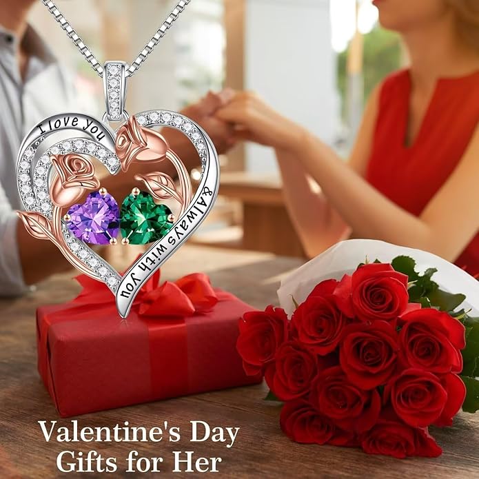 Iefil Valentines Day Gifts for Her - 925 Sterling Silver Rose Heart Birthstone Necklace Birthday Anniversary Jewelry Gifts for Her Wife Mom Daughter