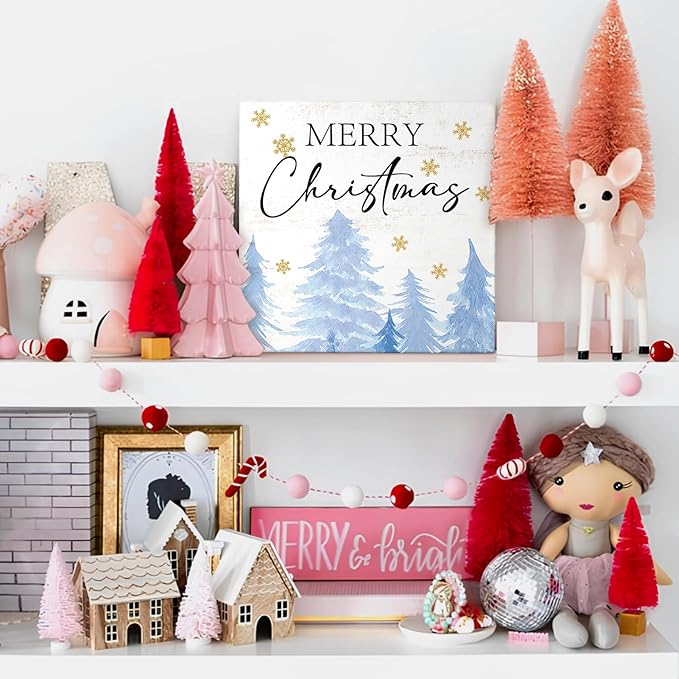 Mtrgdn Blue Christmas Decor Wooden Box Sign,Rustic Merry Christmas Sign for Bedroom Bathroom Home Office Desk Shelf Wall Decor,Blue Xmas Tree Decorations Gifts for Women Girls,5x5 Inch