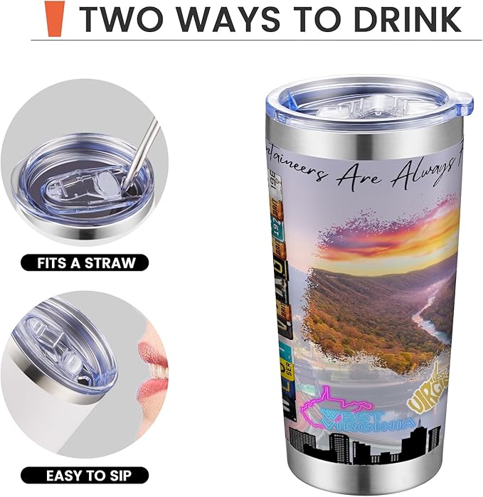 20oz Insulated Tumbler West Virginia State Coffee Mug, United States Map Travel Mug Landmark, Birthday Gifts Cute Custom Tumbler Cups with Lid and Straw Gifts for Mom