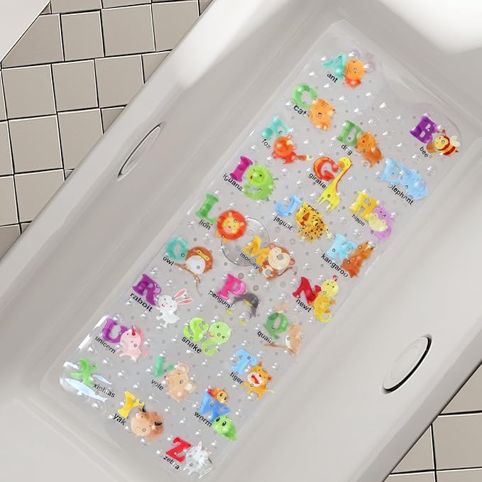 Bath Mat for Tub Non Slip, Machine Washable Anti Slip Cartoon Baby Bathtub Shower Mat with Drain Holes and Suction Cups for Toddler & Kids, 40 Inch x 16 Inch-Rectangular, 26 Alphabet