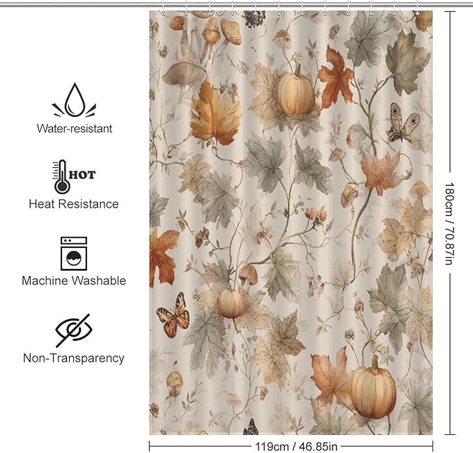 Fall Pumpkin Autumn Thanksgiving Shower Curtain Waterproof Washable Fabric Bathroom Shower Curtains for Bathroom Decorations Home Indoor Decor 47x72Inch