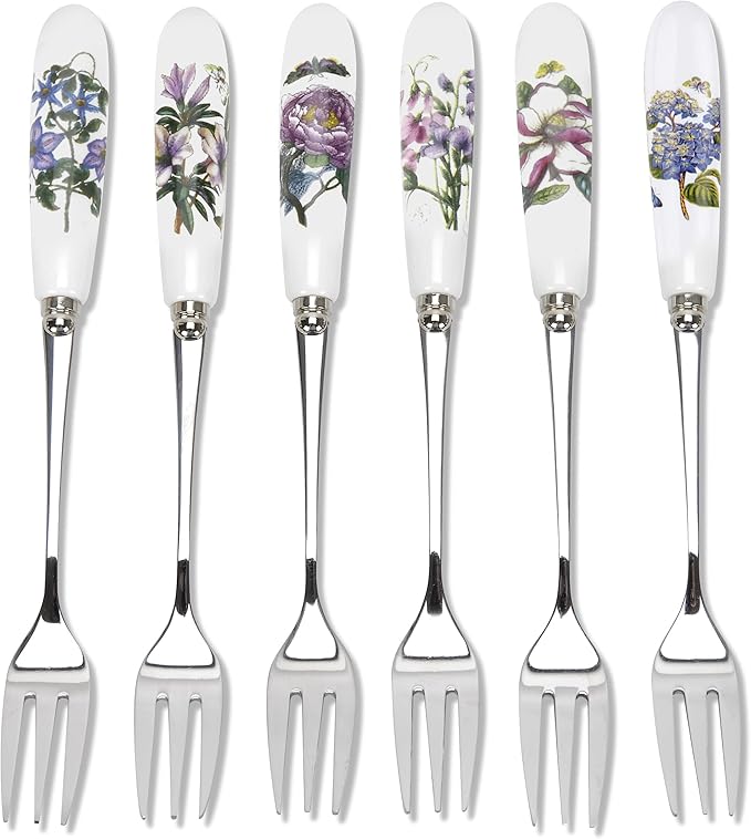 Portmeirion Botanic Garden 6" Pastry Forks (Set of 6) - Assorted Floral Motifs, Stainless Steel with Porcelain Handles, Chip-Resistant Glaze - Elegant Tableware for Sunday Brunch or Afternoon Tea