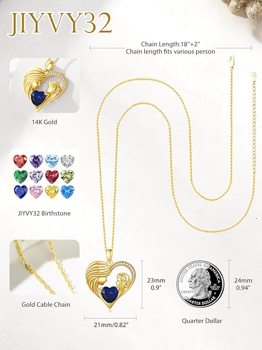 Mother and Daughter/Son Love Heart Necklace White Gold/14K Gold/Rose Gold Birthstone Jewelry Christmas Mothers Day Birthday Gifts For Mom Wife Grandma Women