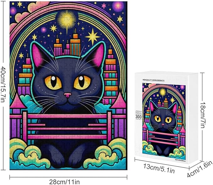 Wooden Puzzle - Dreamy Starry Night Cat Jigsaw Puzzles，Wooden Puzzles for Adults 300 Pieces Challenge Puzzles，Educational Games，Family Puzzles，Unique Gifts for Wall Art