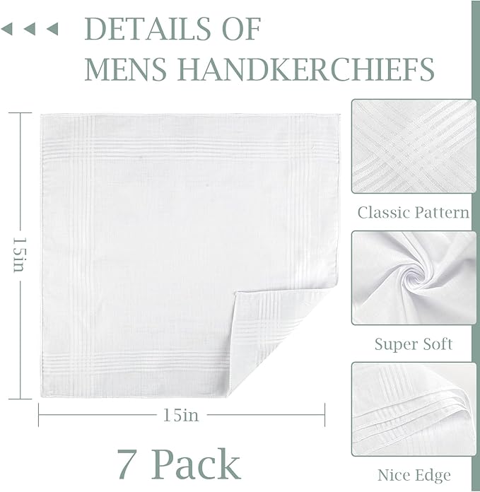 Handkerchiefs for Men, 100% Soft Cotton White Hankies, Classic Reusable Men's Handkerchiefs, 15x15 Inch Pocket Hanky