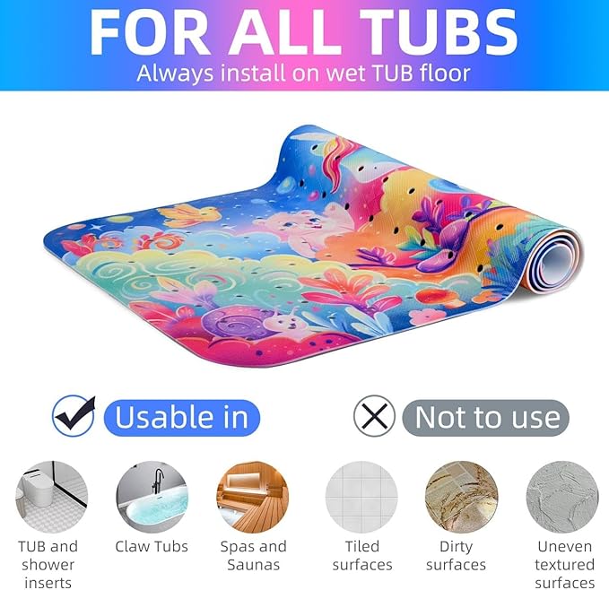 Reetual Cartoon Baby Bath Mat – Non Slip Kids Bathtub Mat for Toddlers, 40" x 16", Suction Cups & Drain Holes, Machine Washable (Unicorn)