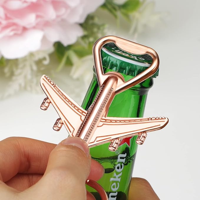 Honeydak 20 Set Airplane Bottle Opener Keychains with White Sheer Favor Bag Thank You Card Tags for Wedding Favor Baby Shower Return Presents Travel Theme Party Let the Adventure Begin