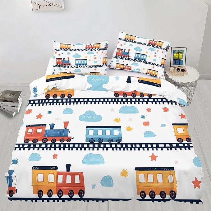 Cartoon Train Bedding Set California King Vintage Train Tracks Duvet Cover Railway Vehicle Comforter Cover Railcar Transport Vehicles Bedding Set with Pillowcases for Bedroom